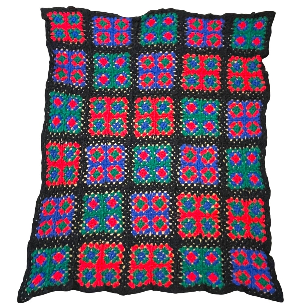 VTG Granny Square Crochet Afghan Throw Blanket Black Green Red Christmas 48"x56"